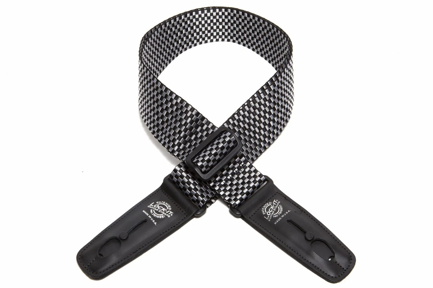 Lock It Strap 2” Silver Checker Poly Guitar Strap With Black Ends 1 Lock It Strap 2” Silver Checker Poly Guitar Strap With Black Ends